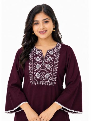 MODERN RAYON SLUB EMBROIDERY WORK SHORT KURTI WINE