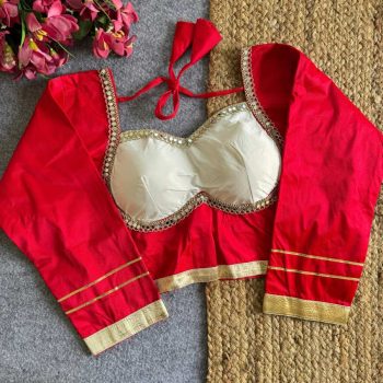 MODERN SATIN SILK FANCY LACE WORK STITCHED BLOUSE RED AND WHITE