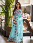 MODERN TABBY SILK FLOWER DIGITAL PRINT WITH CUTDANA & PERAL HANDWORK SAREE WITH UNSTITCHED BLOUSE SKY