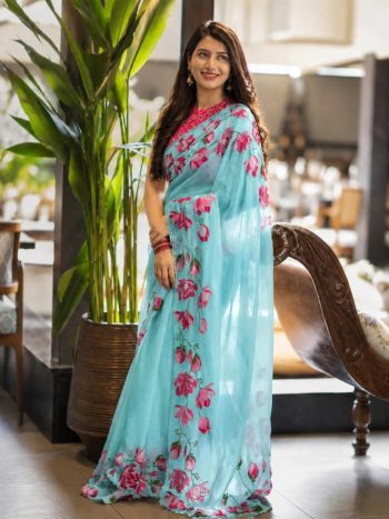 MODERN TABBY SILK FLOWER DIGITAL PRINT WITH CUTDANA & PERAL HANDWORK SAREE WITH UNSTITCHED BLOUSE SKY