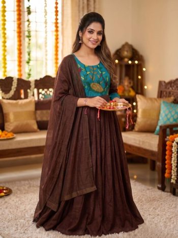 MOST PICKED SOFT KOTA CHECKS KALAMKARI PRINTED GOWN WITH DUPATTA BROWN