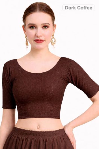 NEW ARRIVAL DOBBY COTTON LYCRA SELF DOTTED WORK STITCHED BLOUSE BROWN