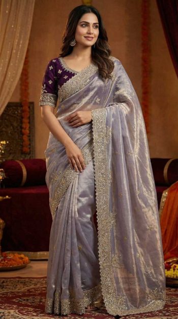 NEW ARRIVAL FENDY SATIN SILKDESIGNER SEQUENCE  SAREE WITH STITCHED BLOUSE LAVENDER