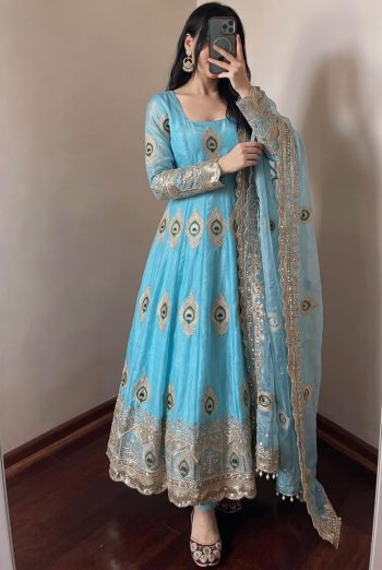RICH LOOK FENDY SILK EMBROIDERY THREAD & ZARI SEQUENCE WORK GOWN BOTTOM WITH DUPATTA SKY
