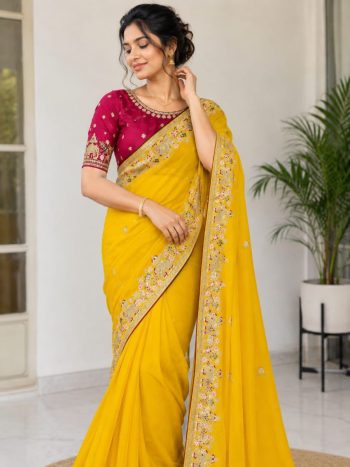 RICH LOOK STAR GEORGETTE EMBROIDERY  WITH SEQUENCES WORK SAREE WITH UNSTITCHED BLOUSE YELLOW