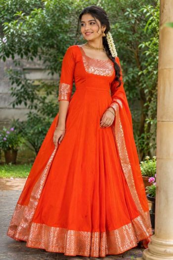 TRADITIONAL VICHITRA SILK BROCADE BORDER WORK GOWN WITH DUPATTA ORANGE