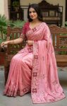 TRENDING PREMIUM CHINON ZARI EMBROIDERY SEQUENCE  BANDHANI PRINT  WORK SAREE WITH BLOUSE PINK AND RANI