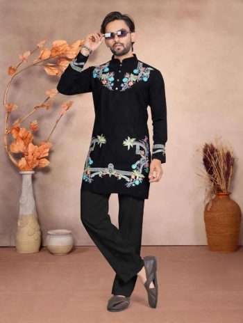 DESIGNER SILK EMBROIDERY WORK MEN'S ONLY KURTA BLACK