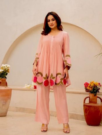 MOST PICKED COTTON FABRIC EMBROIDERY THREAD WORK  TOP AND BOTTOM PEACH
