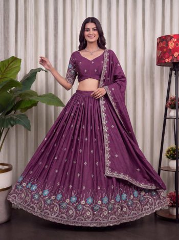 TRENDING CHINON SEQUENCE AND THREAD EMBROIDERY WORK LEHENGA CHOLI WITH DUPATTA WINE