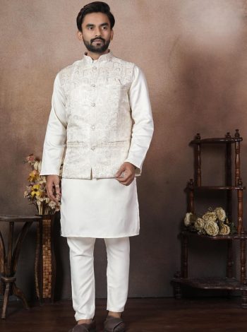 ATTRACTIVE MALAI SATIN  KURTA KOTI WITH PAYJAMA WHITE