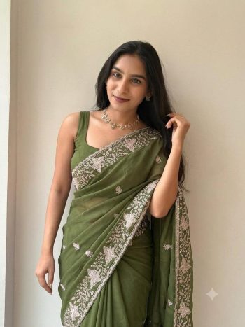 ATTRACTIVE PURE STAR GEORGETTE EMBROIDERY, SEQUENCES AND CUT WORK BORDER SAREE WITH UNSTITCHED BLOUSE GREEN