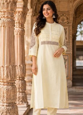 DESIGNER COTTON EMBROIDERY WORK TOP PENT SET OFF WHITE