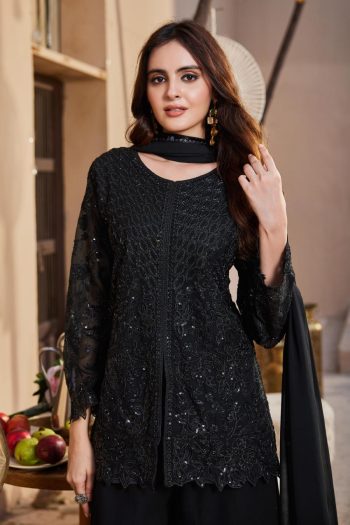 DESIGNER GEORGETTE EMBROIDERY  SEQUENCE WORK WITH CUTWORK TOP PALAZZO WITH DUPATTA BLACK