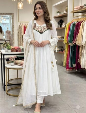 DESIGNER MUL CHANDERI BEADS WITH SEQUENCE EMBROIDERY WORK TOP BOTTOM WITH DUPATTA WHITE