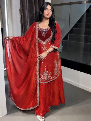 DESIGNER NC MOSS EMBROIDERY SEQUENCE WORK TOP PALAZZO WITH DUPATTA ORANGE
