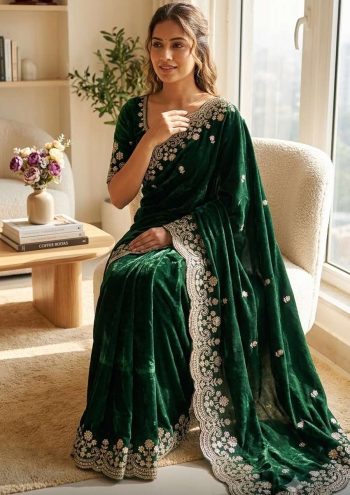 DESIGNER TWO TONE SPACE SILK SEQUANCE AND ZARI EMBROIDERY WORK SAREE WITH STITCHED BLOUSE DARK GREEN