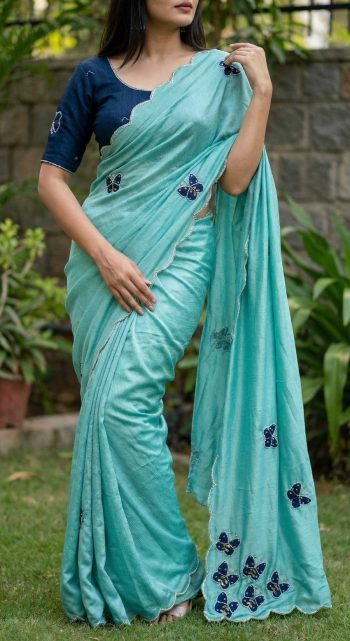 ELEGANCE PREMIUM CHINON SILK  BEAUTIFUL ELEGANCE KHATLI WORK SAREE WITH UNSTITCHED BLOUSE BLUE AND SEA BLUE