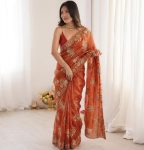 FABULOUSE PURE FENDY SATIN BEADS EMBROIDERY WITH SEQUENCES AND CUT WORK BORDER SAREE WITH UNSTITCHED BLOUSE ORANGE
