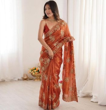 FABULOUSE PURE FENDY SATIN BEADS EMBROIDERY WITH SEQUENCES AND CUT WORK BORDER SAREE WITH UNSTITCHED BLOUSE ORANGE