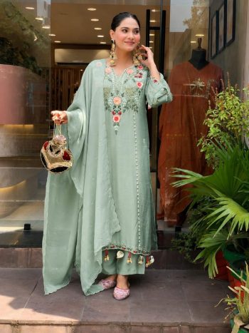 FANCY CHANDERI SILK SEQUENCE CODING EMBROIDERY WORK TOP BOTTOM WITH DUPATTA SEA GREEN