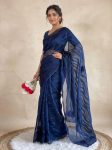 LATEST PREMIUM SPACE SILK MULTI EMBROIDERY AND BEADS WORK OF FLOWER  SAREE WITH UNSTITCHED BLOUSE NAVY BLUE
