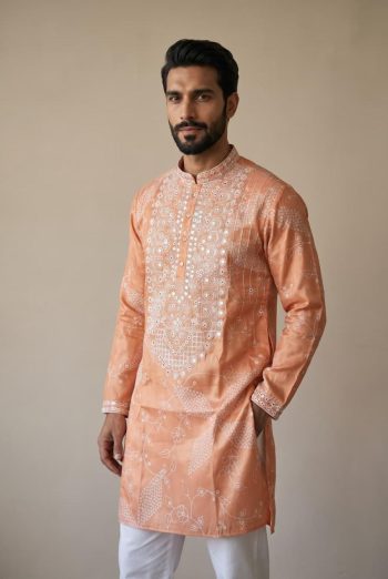 LUXURY SHIMMER SILK EMBROIDERY SEQUENCE WORK KURTA PAYJAMA ORANGE