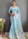 MODERN BURBERRY SILK EMBROIDERY SEQUENCE & SWAROVSKI WORK READY TO WEAR SAREE WITH UNSTITCHED BLOUSE SKY