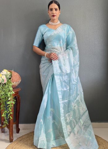 MODERN BURBERRY SILK EMBROIDERY SEQUENCE & SWAROVSKI WORK READY TO WEAR SAREE WITH UNSTITCHED BLOUSE SKY