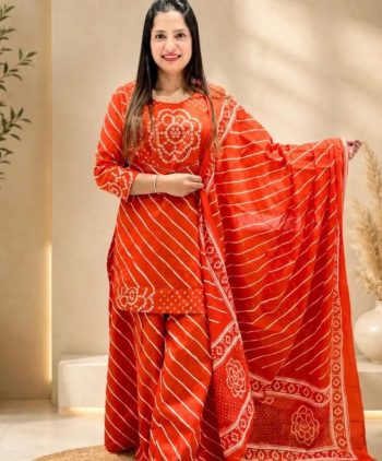 MODERN COTTON PRINT & ORIGINAL MIRROR  WORK TOP PALAZZO WITH DUPATTA ORANGE