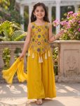 MODERN CREPE SEQUENCE EMBROIDERY WORK KID'S TOP PALAZZO WITH DUPATTA YELLOW