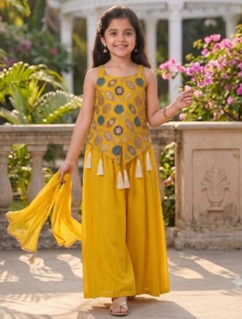 MODERN CREPE SEQUENCE EMBROIDERY WORK KID'S TOP PALAZZO WITH DUPATTA YELLOW