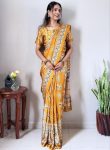 MODERN CREPE SILK PRINTED WITH REAL MIRROR WORK GOWN SAREE YELLOW