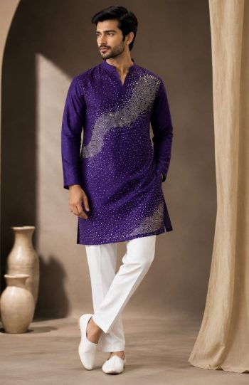MODERN CRUNCHY  FINE BEADS WORK & DETAILED EMBROIDERY MEN'S KURTA PAYJAMA SET PURPLE
