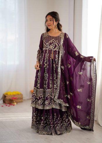 MODERN CRUNCHY SILK EMBROIDERY SEQUENCE WORK TOP PALAZZO WITH DUPATTA PURPLE