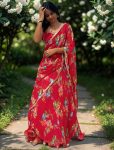 MODERN GEORGETTE DIGITAL PRINT WITH  LACE BORDER WORK LEHENGA SAREE WITH BLOUSE AND ATTACHED DUPATTA RANI
