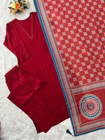 MODERN RAYON MINIMAL LACE  WORK TOP BOTTOM WITH DUPATTA RED