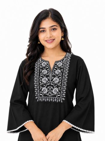 MODERN RAYON SLUB EMBROIDERY WORK SHORT KURTI BLACK