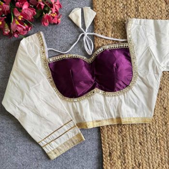 MODERN SATIN SILK FANCY LACE WORK STITCHED BLOUSE WHITE AND WINE