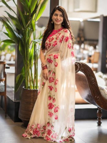MODERN TABBY SILK FLOWER DIGITAL PRINT WITH CUTDANA & PERAL HANDWORK SAREE WITH UNSTITCHED BLOUSE OFF WHITE AND PINK