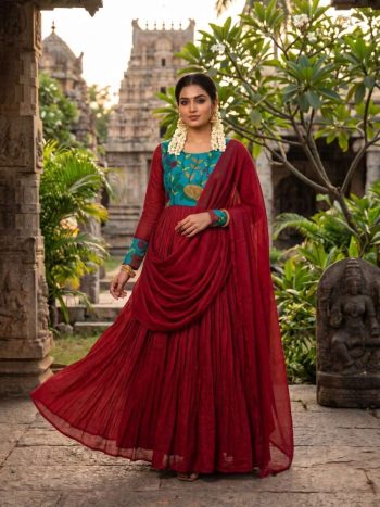 MOST PICKED SOFT KOTA CHECKS KALAMKARI PRINTED GOWN WITH DUPATTA RED