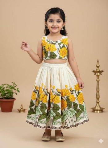 NEW ARRIVAL CAMBRIC COTTON EMBROIDERY WOK KID'S LEHENGA CHOLI OFF WHITE AND GREEN
