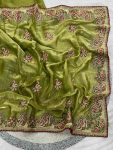 NEW ARRIVAL FENDY SATIN SILK JARI THREAD MALTI COLOR, THREAD EMBROIDERY ,SIROSHKI DIAMOND WORK  SAREE WITH UNSTITCHED BLOUSE PARROT GREEN