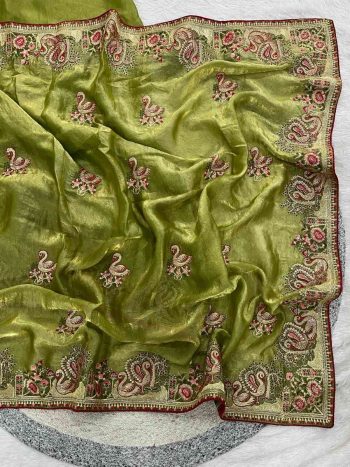 NEW ARRIVAL FENDY SATIN SILK JARI THREAD MALTI COLOR, THREAD EMBROIDERY ,SIROSHKI DIAMOND WORK  SAREE WITH UNSTITCHED BLOUSE PARROT GREEN