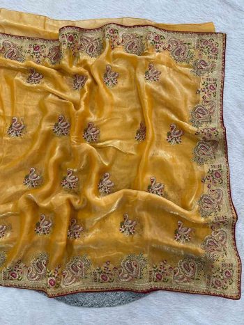 NEW ARRIVAL FENDY SATIN SILK JARI THREAD MALTI COLOR, THREAD EMBROIDERY ,SIROSHKI DIAMOND WORK  SAREE WITH UNSTITCHED BLOUSE YELLOW
