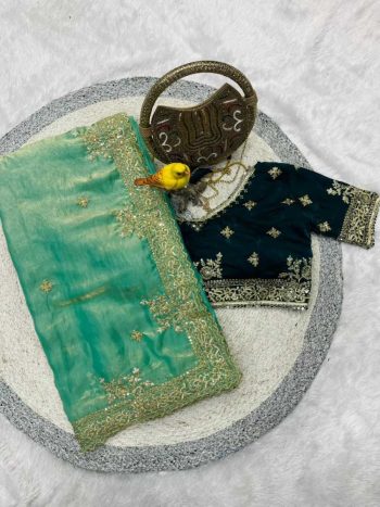 NEW ARRIVAL FENDY SATIN SILKDESIGNER SEQUENCE  SAREE WITH STITCHED BLOUSE GREEN