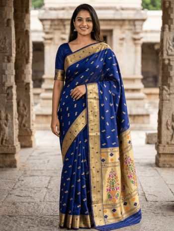 NEW ARRIVAL PAITHANI SILK ZARI WEAVING WORK SAREE WITH UNSTITCHED BLOUSE NAVY BLUE
