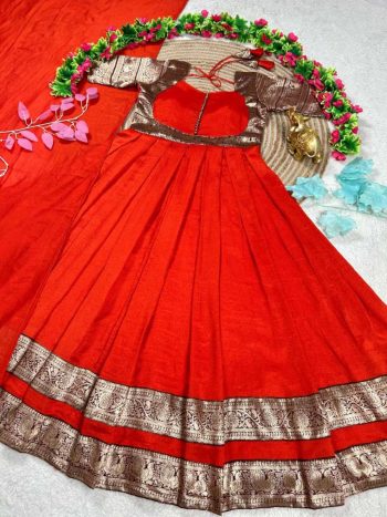NEW ARRIVAL VICHITRA SILK ZARIBROCADE BORDER WORK GOWN WITH DUPATTA ORANGE