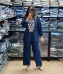 RICH LOOK SLUB COTTON EMBROIDERY WORK CO-ORD SET TEAL
