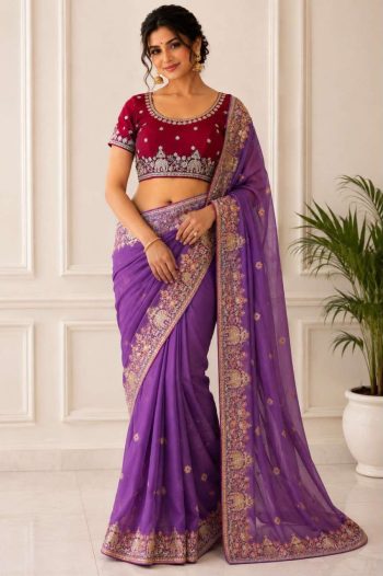 RICH LOOK STAR GEORGETTE EMBROIDERY  WITH SEQUENCES WORK SAREE WITH UNSTITCHED BLOUSE LAVENDER